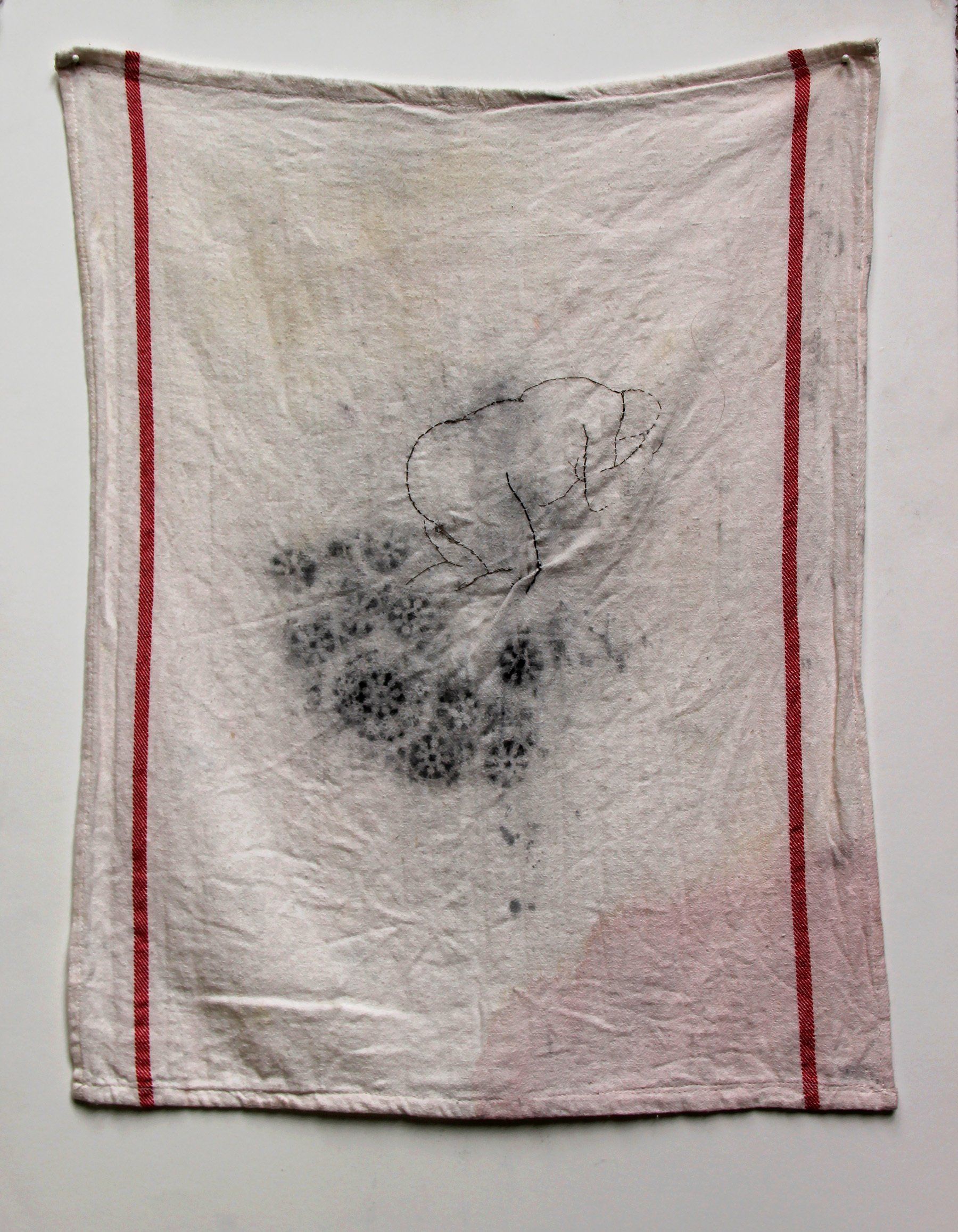 Small. 2018, Stitching and charcoal on kitchen towel, 23