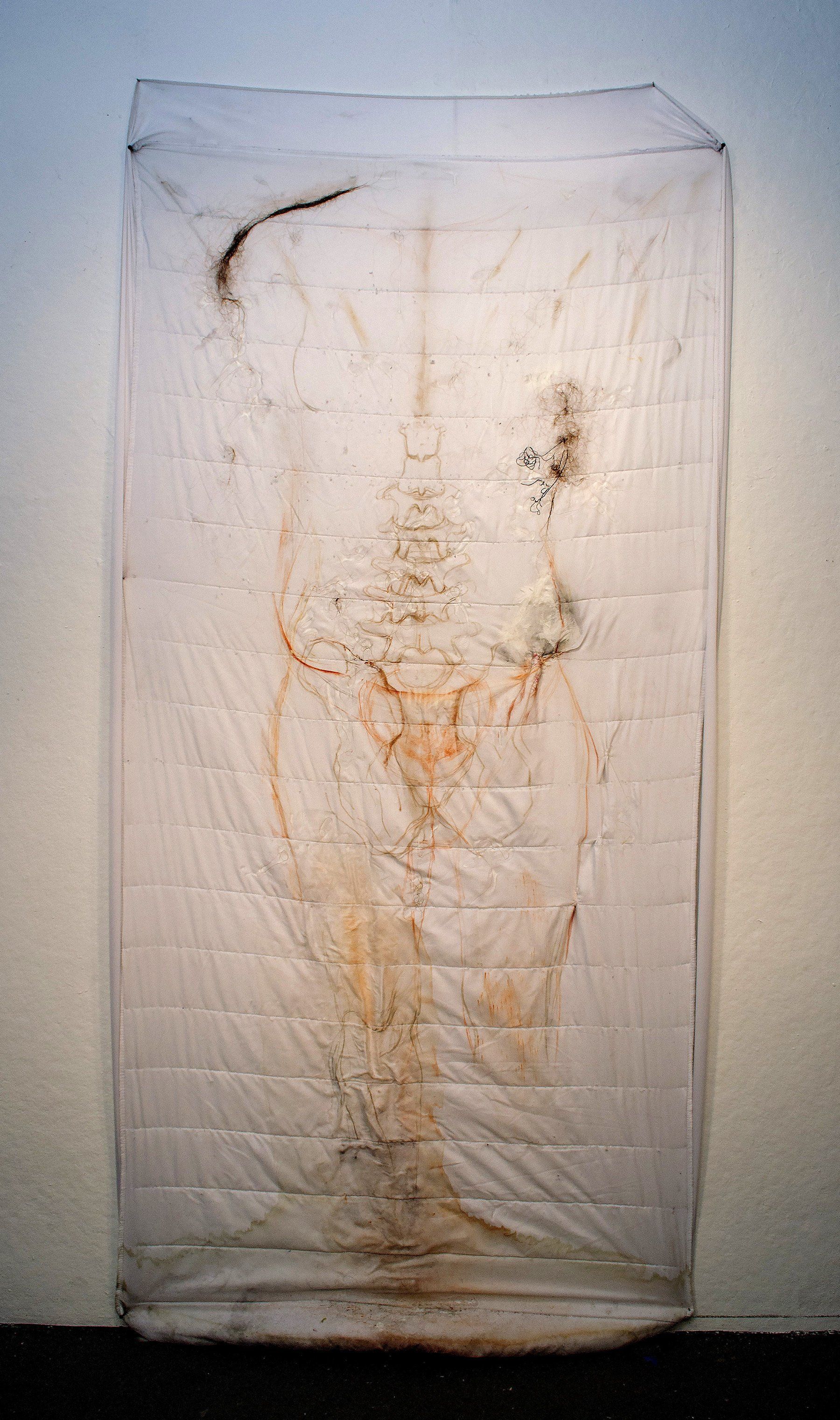 Soft Cover II. 2018, Mixed media, human hair and thread on mattress pad, 78