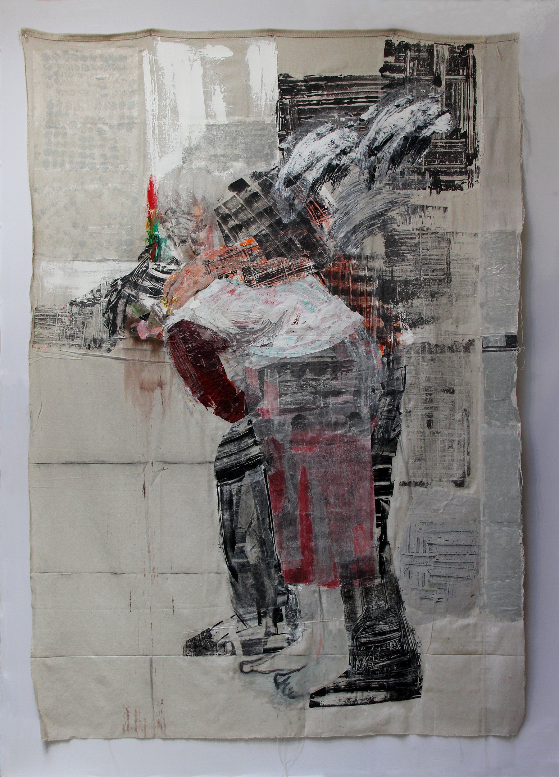 Under the Wave. 2020, Mixed media and collage on drop cloth, 80