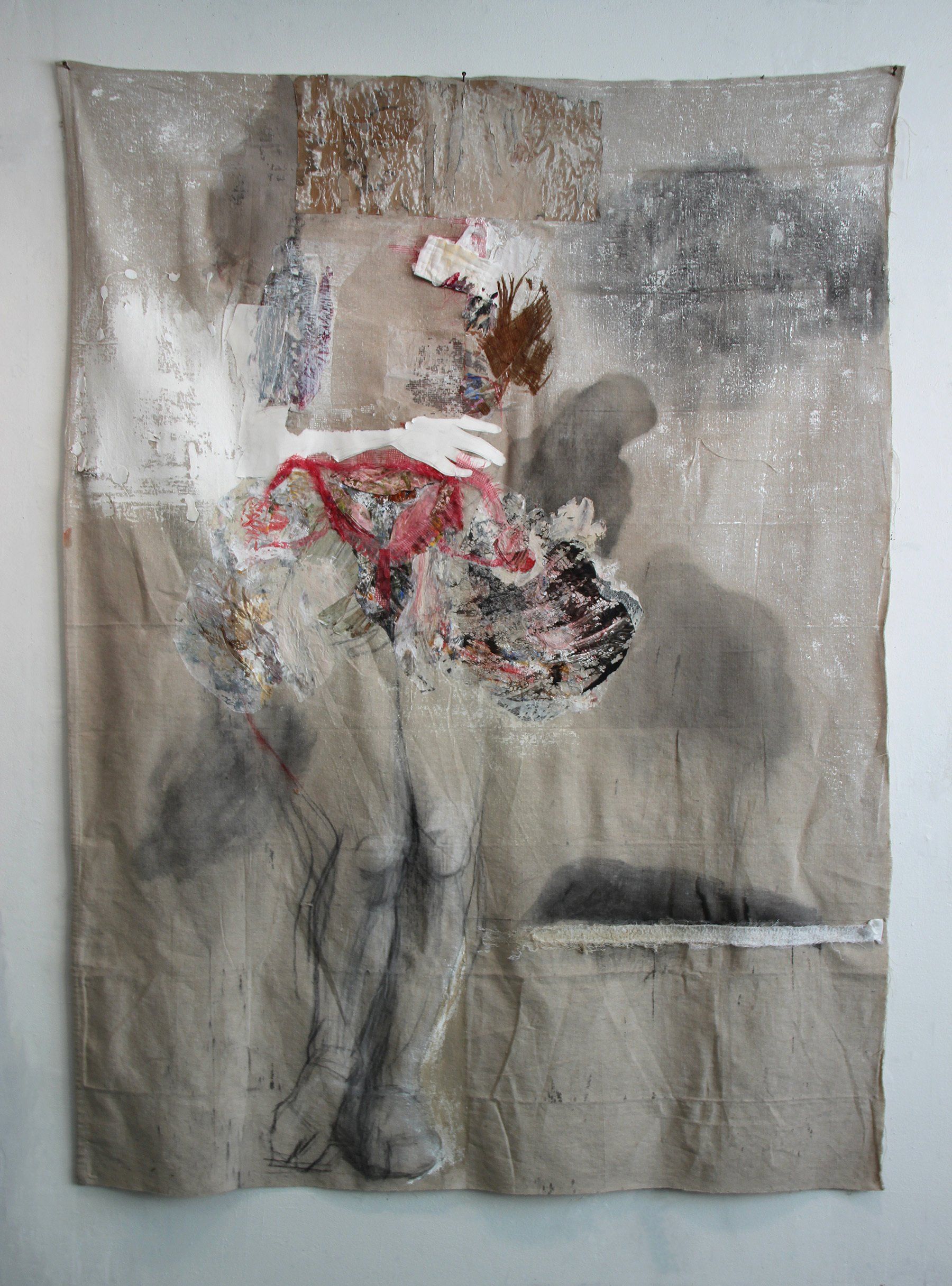 Venus is a Womb. 2018, Mixed media, cloth diaper, coconut husk fibers, netted produce bag, paper doily, brown paper bag on drop cloth, 70