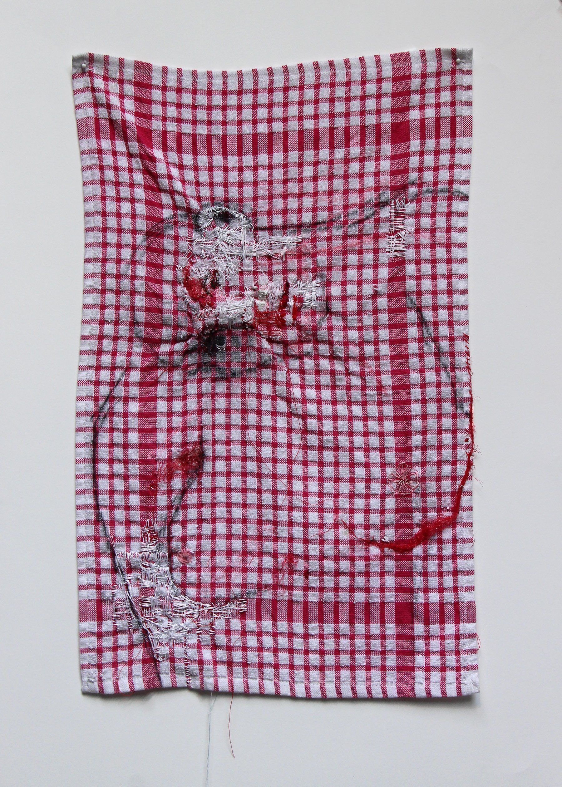 Visible. 2018, Stitching, mixed media and collage on kitchen towel, 23