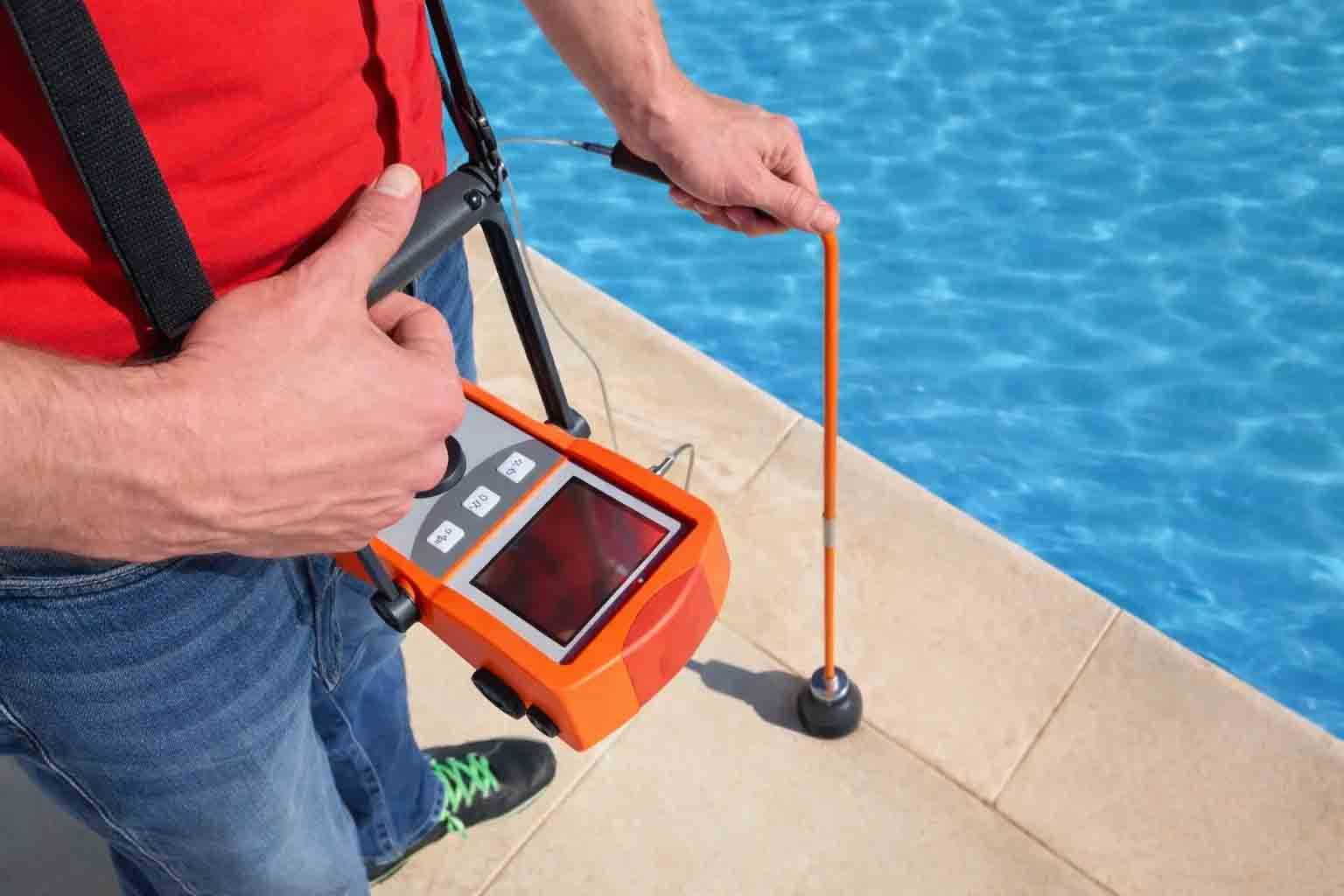 Une personne vêtue d'une chemise rouge utilise un appareil électronique portatif de détection de fuites sur le bord d'une piscine près d'une eau bleue.