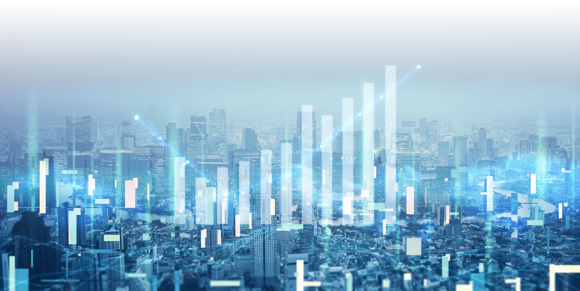 Cityscape with glowing bars overlayed, representing data visualization or growth, in shades of blue.