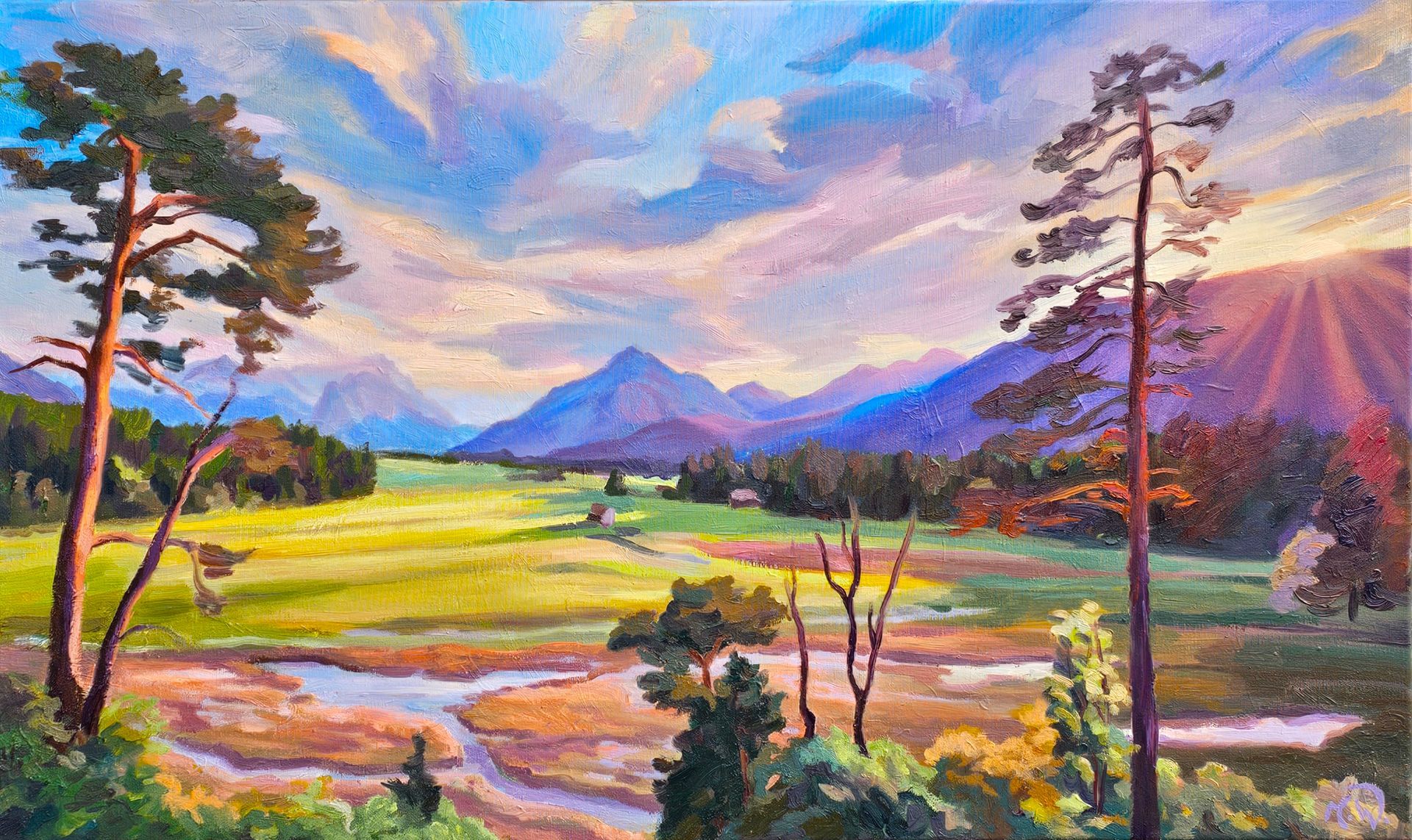 Ein Gemälde, das ein sonnenbeschienenes Tal mit zwei hohen Kiefern im Vordergrund, leuchtend grünen Feldern.