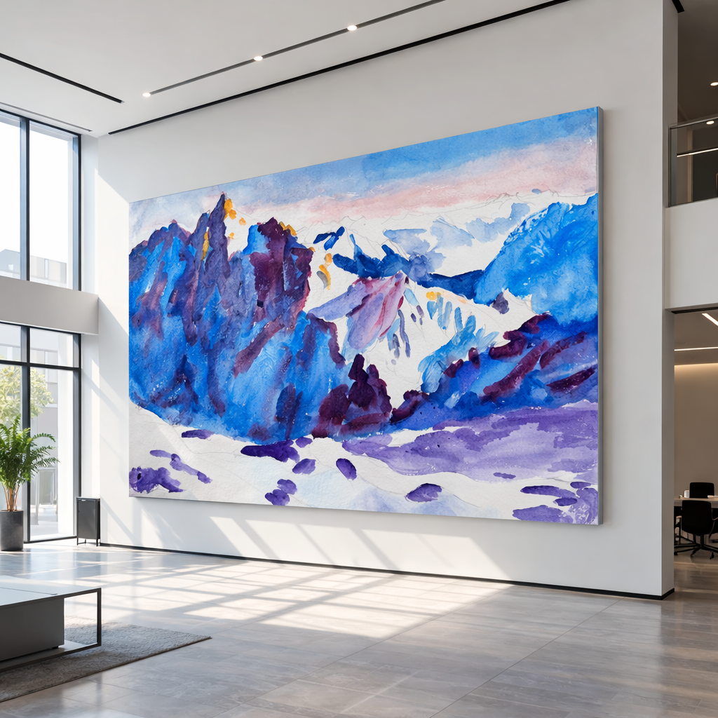 Eine große, abstrakte Aquarelllandschaft mit blauen, violetten und weißen Bergen.