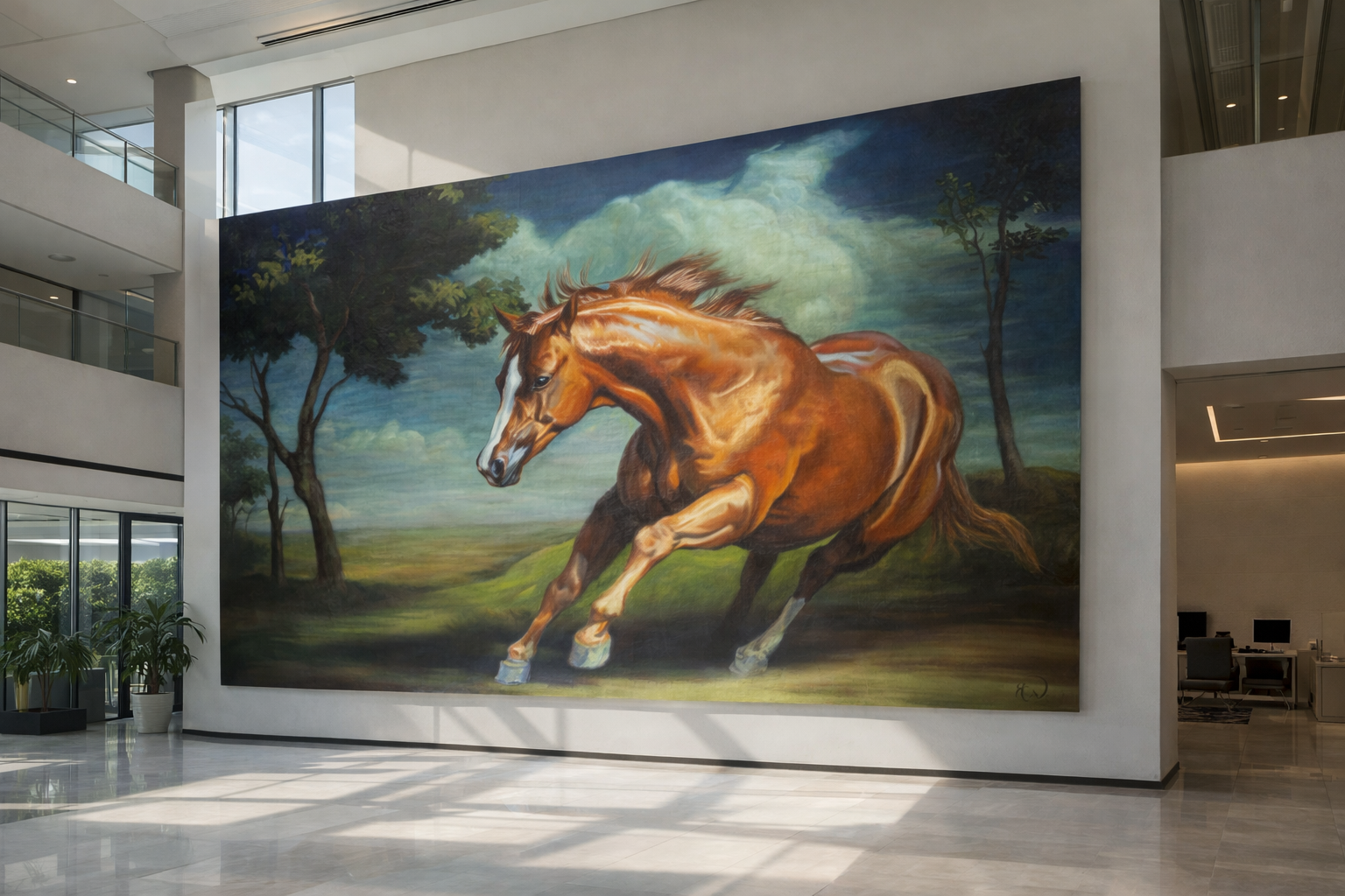 Ein großes Ölgemälde eines kastanienbraunen Pferdes, das über ein Feld galoppiert, hängt an der Wand einer modernen.