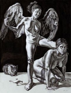 Eine monochrome Kohlezeichnung eines Engels, der mit einem Fuß auf einer knienden Figur steht.