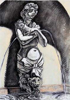 Eine detaillierte Kohlezeichnung eines Steinbrunnens mit einer zentralen Figur, einem Löwenkopf-Ausguss.