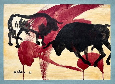 Ein Gemälde von zwei Stieren auf hellem Holzgrund, mit kräftigen, dunklen Pinselstrichen.