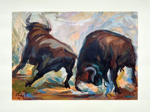 Ein expressionistisches Gemälde von zwei dunklen, muskulösen Stieren, die sich in einer dynamischen.