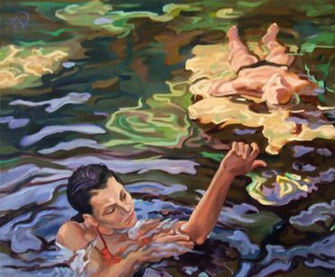 Ein Gemälde zeigt eine Person, die in dunklem, kräuselndem Wasser schwimmt, während eine andere Person in der Nähe.