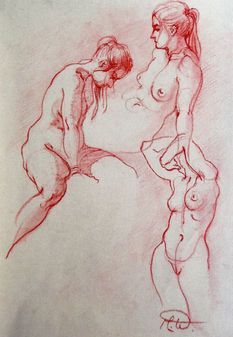 Eine Skizze in roter Tinte, die zwei Figuren in dynamischen Posen zeigt, eine kniend und eine stehend.