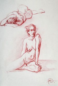 Eine rotgetönte Kohlezeichnung mit zwei Studien einer liegenden menschlichen Figur vor einfarbigem Hintergrund.