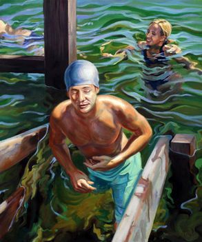 Ein Ölgemälde zeigt zwei Menschen, die in tiefem, leuchtend grünem und blauem Wasser schwimmen.