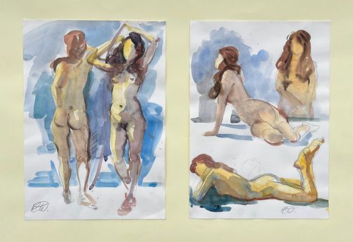 Zwei Aquarellskizzen mit verschiedenen figurativen Posen in sanften Blau-, Gelb- und Beigetönen.