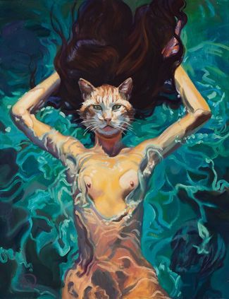 Ein surreales Ölgemälde, das den Kopf einer orangefarbenen getigerten Katze auf einem menschlichen Körper zeigt.