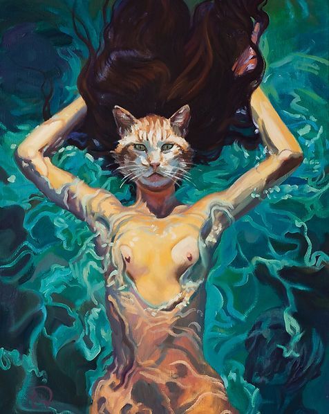 Ein surreales Gemälde einer Person mit einem roten Katzenkopf, die in leuchtend türkisfarbenem Wasser schwebt, mit dunklem.