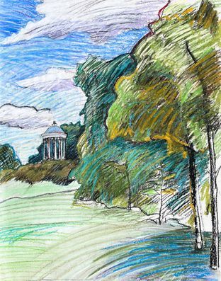 Eine Buntstiftskizze eines kuppelförmigen Pavillons auf einem grasbewachsenen Hügel neben einem Wäldchen unter blauem.