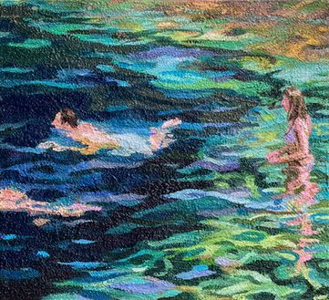 Ein Gemälde im impressionistischen Stil zeigt zwei Personen in lebhaftem, kräuselndem Wasser; eine schwimmt unter Wasser.
