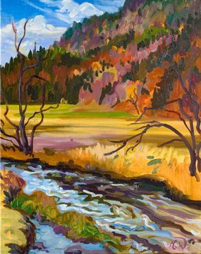 Ein Ölgemälde, das einen Bach zeigt, der unter blauem, bewölktem Himmel durch eine goldene Wiese in Richtung.