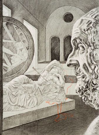 Eine Schwarz-Weiß-Skizze einer Marmorskulptur einer liegenden, von einem Pfeil durchbohrten Figur.