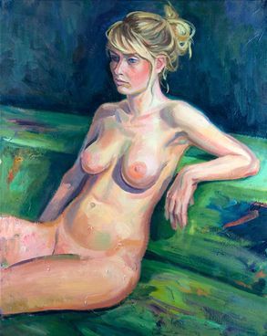 Ein Ölgemälde einer Figur mit blonden, zu einem Dutt gebundenen Haaren.