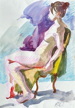 Ein Aquarellgemälde einer sitzenden Figur in einem gelben Sessel, dargestellt mit ausdrucksstarken violetten.
