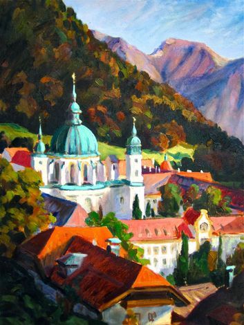 Ölgemälde einer Kirche mit türkisfarbener Kuppel, eingebettet in ein Tal unterhalb.