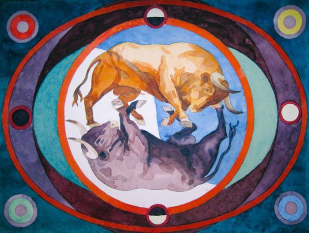 Ein Aquarellgemälde zeigt einen goldenen und einen dunkelvioletten Stier in einer kreisförmigen.