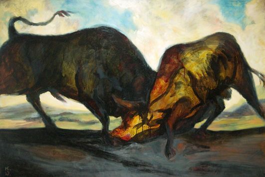 Ein ausdrucksstarkes Ölgemälde zeigt zwei Stiere, die sich in einem dynamischen.