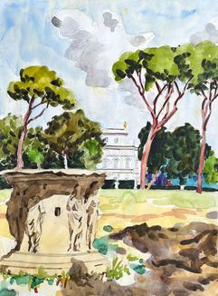 Aquarellgemälde eines Gartens mit einem klassischen Steinbrunnen, Kiefern und einem in der Ferne zu sehenden Gebäude.