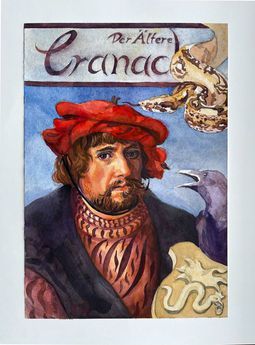 Ein Porträt von Lucas Cranach dem Älteren, der einen roten Hut trägt, mit einem geflügelten Schlangenemblem.