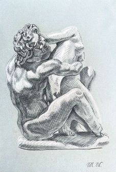 Eine Graphitzeichnung auf hellem Papier, die zwei Figuren in ineinander verschlungener, sitzender Umarmung darstellt.