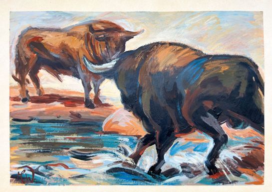 Zwei dunkle, muskulöse Stiere stehen sich in einem dynamischen, ausdrucksstarken Gemälde mit leuchtenden Blau-.