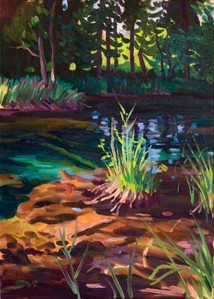 Ein Gemälde zeigt einen hellgrünen Grasbüschel an einem sonnenbeschienenen, felsigen Bachufer, im Hintergrund dunkles Wasser.