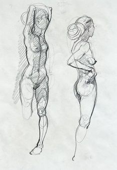 Eine Bleistiftskizze zeigt zwei Aktstudien stehender menschlicher Gestalten in verschiedenen Posen.