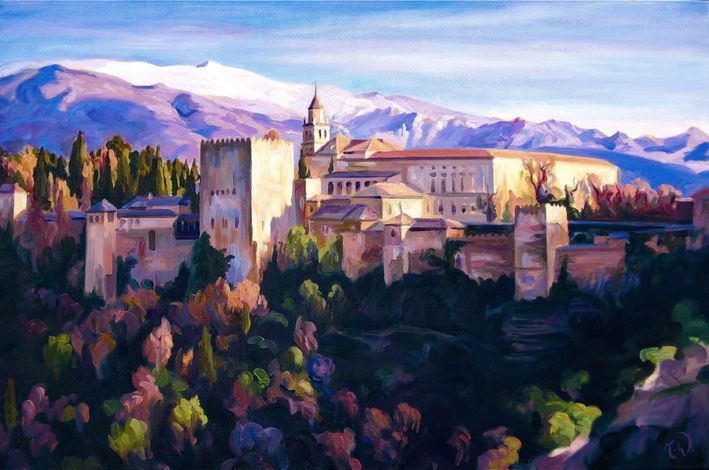 Ölgemälde des Alhambra-Palastes in Granada, Spanien, mit den schneebedeckten Bergen der Sierra Nevada im Hintergrund.