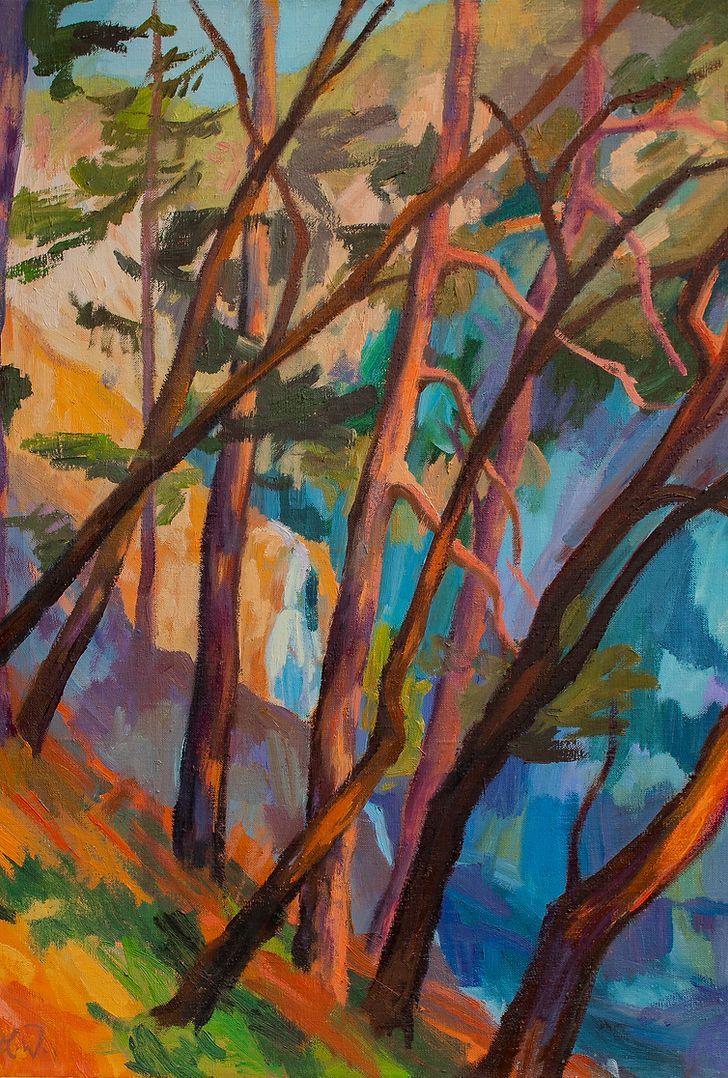 Ein impressionistisches Ölgemälde von Kiefern an einem Hang, mit warmem orangefarbenem Grund und tiefblauen Schatten.