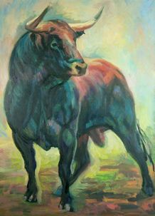 Ein impressionistisches Ölgemälde eines kraftvollen, im Profil stehenden Stiers, dargestellt in tiefen Blau-, Grün.