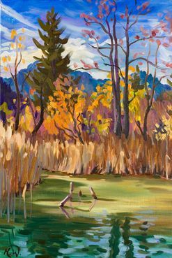 Ein impressionistisches Ölgemälde eines Teichs mit Schilf, goldenen Herbstbäumen.