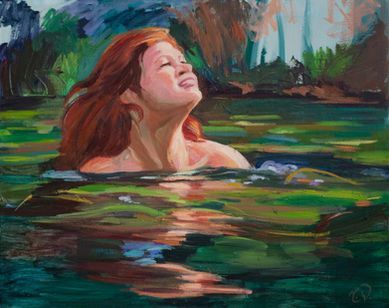 Ein Ölgemälde einer Person mit langem, kastanienbraunem Haar, die aus tiefgrünem Wasser auftaucht.