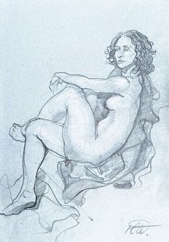 Eine Bleistiftskizze einer sitzenden Figur mit auf überkreuzten Knien ruhenden Armen, gehüllt in fließenden Stoff.