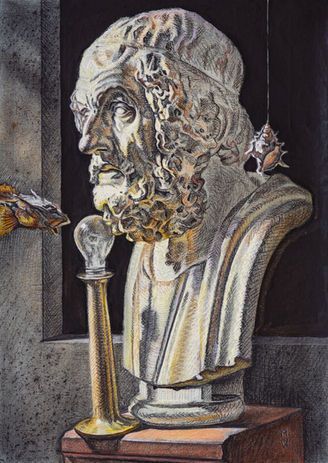 Eine surreale Illustration einer metallenen Büste, einer Glühbirne auf einem Sockel und hängenden Muscheln.