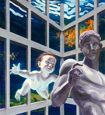 Ein Gemälde eines Babys und einer Steinbüste in einem verglasten Gebäude vor dem Hintergrund von Wasser und Flammen.