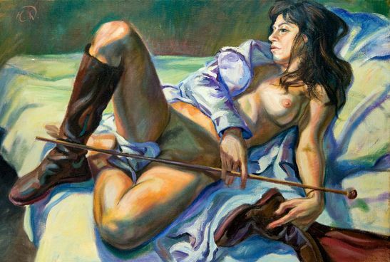 Ein Ölgemälde einer liegenden Figur in einem Hemd mit Knöpfen und hohen Stiefeln, die einen Stock über dem Schoß hält.