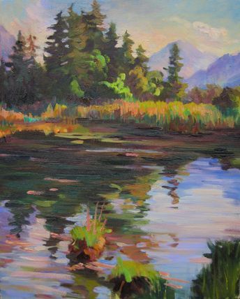 Impressionistisches Ölgemälde eines friedlichen Sumpfes, in dem sich Kiefern.