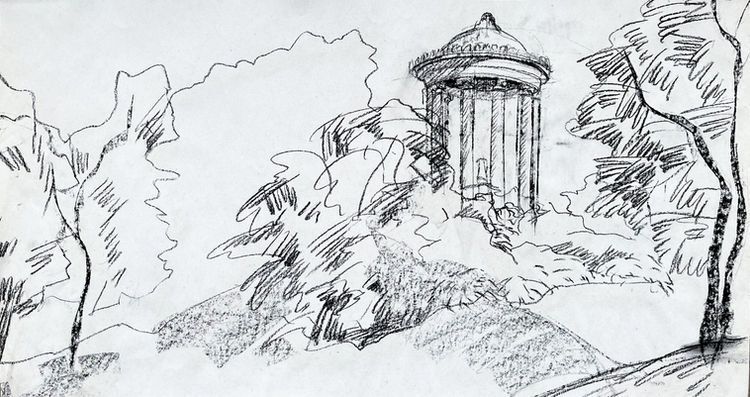 Eine schwarz-weiße Tuschezeichnung eines kuppelförmigen, säulenbewehrten Pavillons, umgeben von üppigem.
