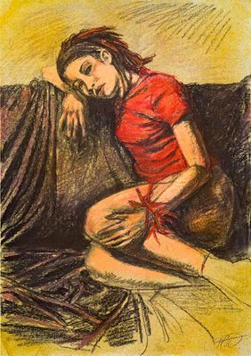 Eine Zeichnung in warmen Farbtönen, die eine Figur zeigt, die ihren Kopf auf ihre Hand stützt.