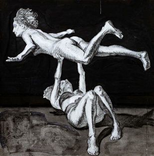 Eine Skizze zeigt eine auf dem Rücken liegende Figur, die eine zweite Figur in horizontaler, fliegender Pose über sich hält.