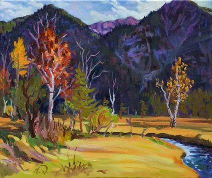 Ölgemälde von Herbstbäumen auf goldenen Feldern, einem kleinen Bach und violett schimmernden Bergen.